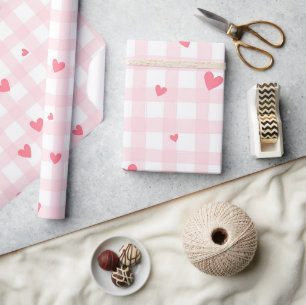 Papier Cadeau Plaid rose aux coeurs Baby shower Saint-Valentin