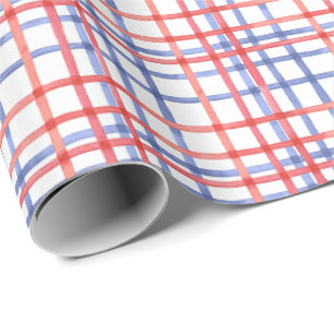 Papier Cadeau Plaid Rouge Blanc & Bleu Aquarelle