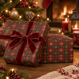 Papier Cadeau Plaid Rouge et Vert Luxueux avec Flocons de Neige
