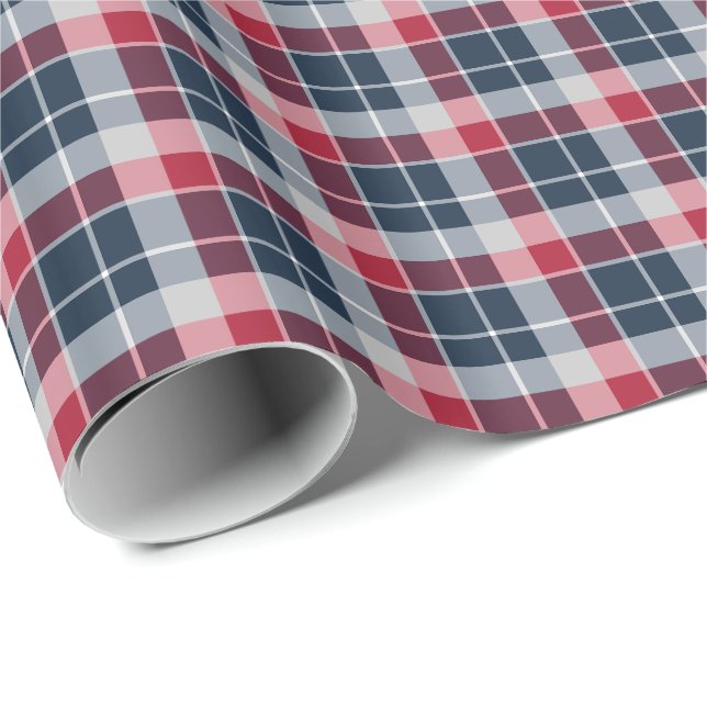 Papier Cadeau Plaid sportif de bleu marine, rouge et gris (Coin rond)