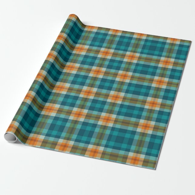 Papier Cadeau Plaid, Teal et or de tartan lumineux (Déroulé)