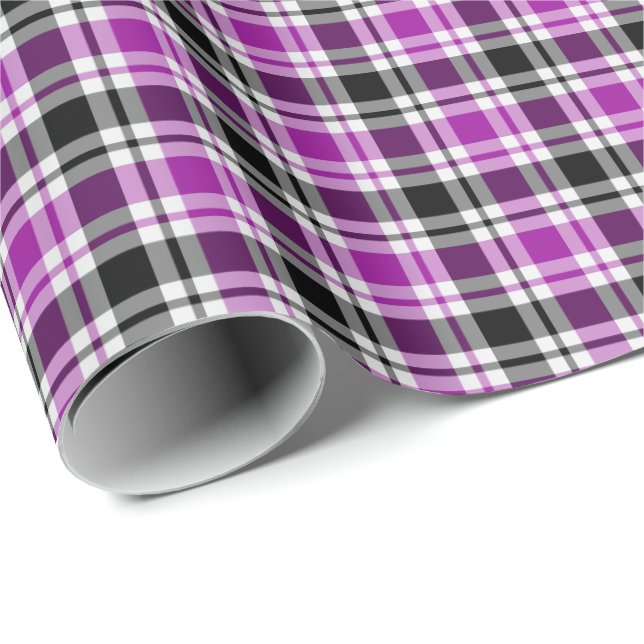 Papier Cadeau Plaid violet, gris, noir et blanc (Coin rond)
