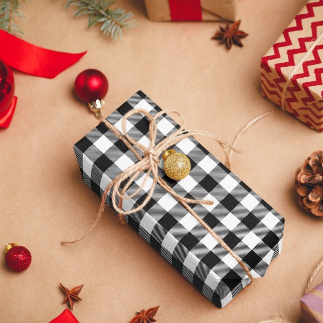 Papier Cadeau Plaids de buffle blanc et noir (White and Black Buffalo Plaid Wrapping Paper)