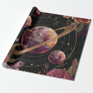 Papier Cadeau Planète à Anneaux de Cristal Cosmique Fantastique