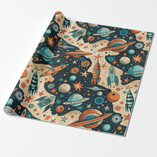 Papier Cadeau Planètes de fusée spatiale rétro Orange sarcelle N