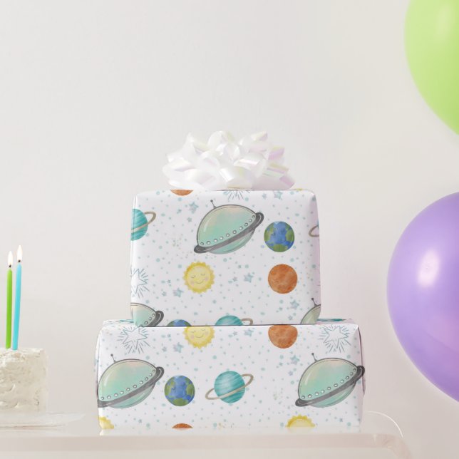 Papier Cadeau Planètes de la galaxie spatiale, étoiles et orbite (Cadeaux de fête)