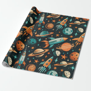 Papier Cadeau Planètes de l'espace rêveur sarcelle orange cosmiq