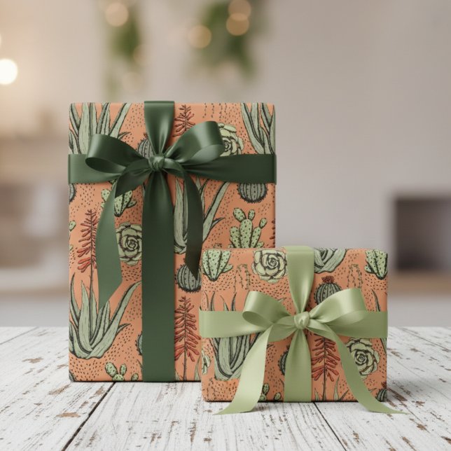 Papier Cadeau Plante Lover Orange Aloe Vera Succulents Cactus (Botanical Aloe Vera Plant Wrapping Paper 4 Plant Nature Lover. Green Aloe & Cactus Southwest Pattern)