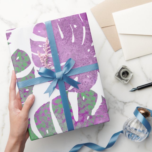 Papier Cadeau Plante moderne violet vert monstère tropicale feui (Cadeaux)