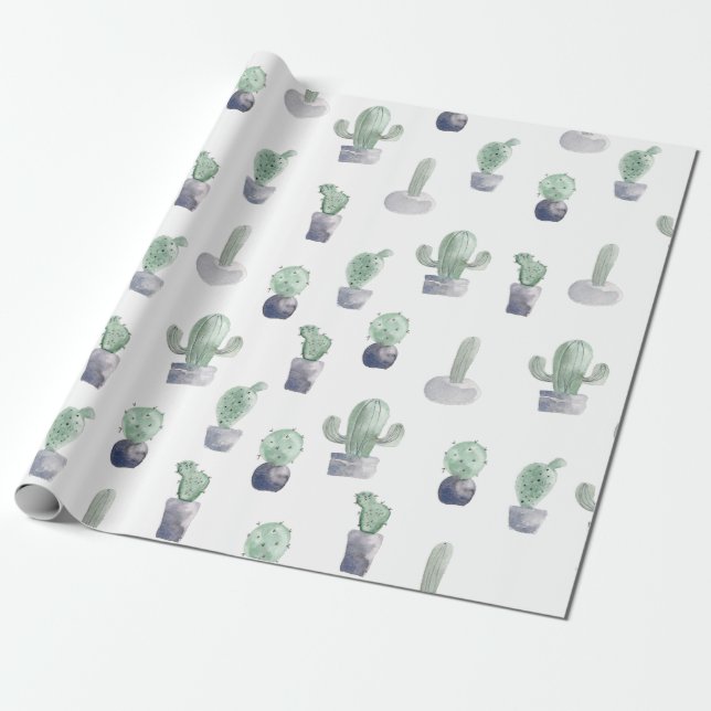 Papier Cadeau Plantes de cactus à aquarelle (Déroulé)