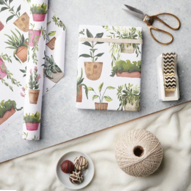 Papier Cadeau Plantes de pot peintes à la main à l'aquarelle col (Créateur téléchargé)
