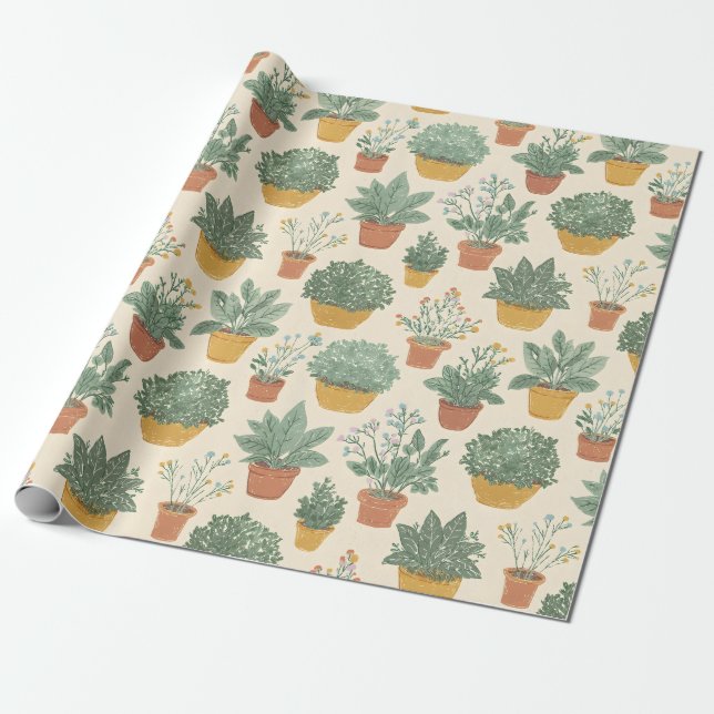 Papier Cadeau Plantes en Pot Fleurs Style d'Illustration Botaniq (Déroulé)