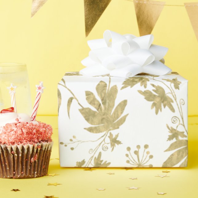 Papier Cadeau Plantes et Feuilles de couleur blanche et or (Fête d'anniversaire)