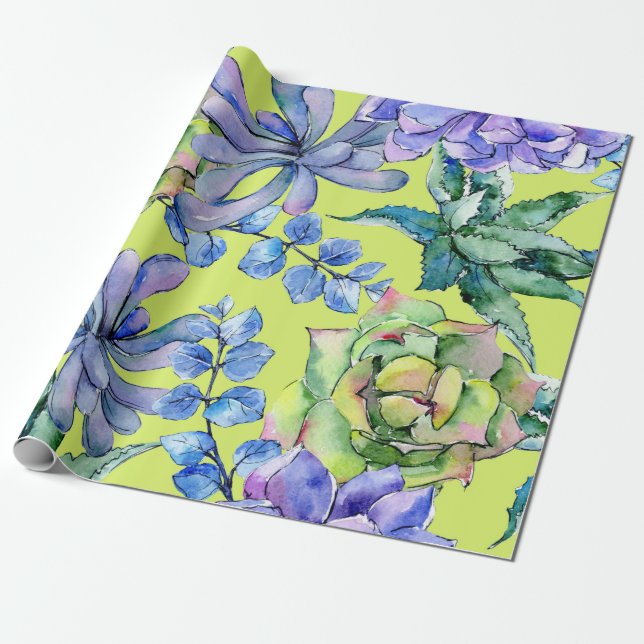 Papier Cadeau Plantes succulentes à l'aquarelle (Déroulé)