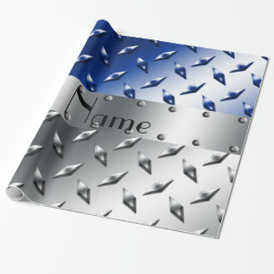 Papier Cadeau Plaque d'acier bleue argentée nommée personnalis
