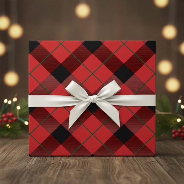 Papier Cadeau Plaqué Diagonal Rouge, Vert Et Noir (Christmas Red, Green And Black Diagonal Plaid Wrapping Paper)