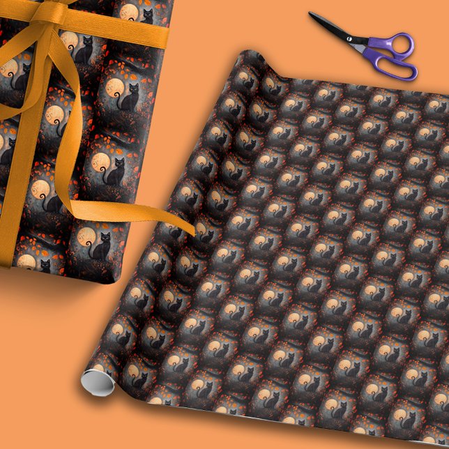 Papier Cadeau Pleine lune Chat Noir Automne Automne Halloween (Black Cat Full Moon Autumn Fall Halloween Wrapping Paper)