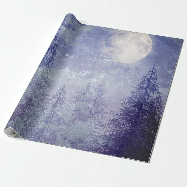Papier Cadeau Pleine lune Forêt de pins d'hiver (Déroulé)
