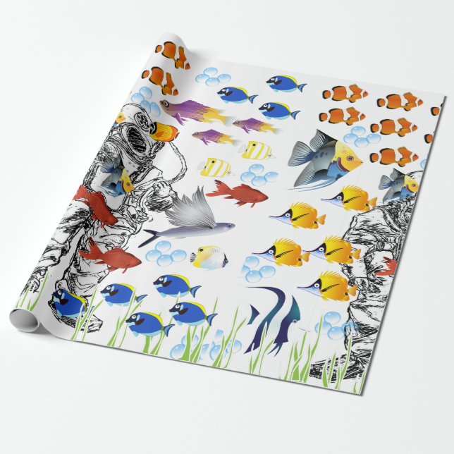 Papier Cadeau Plongeur de mer profonde et poissons tropicaux sur (Déroulé)