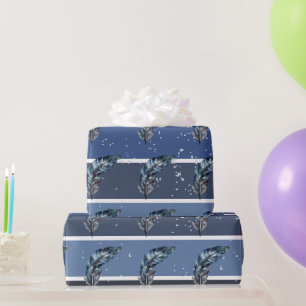 Papier Cadeau Plumes bleues sur rayures bleues et blanches