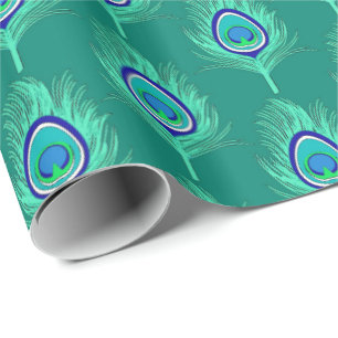 Papier Cadeau Plumes de paon, Aqua sur Turquoise / Peacock