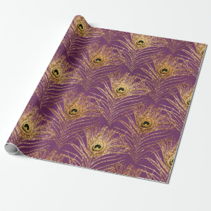 Papier Cadeau Plumes de paon d'or sur violet