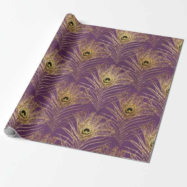 Papier Cadeau Plumes de paon d'or sur violet (Déroulé)