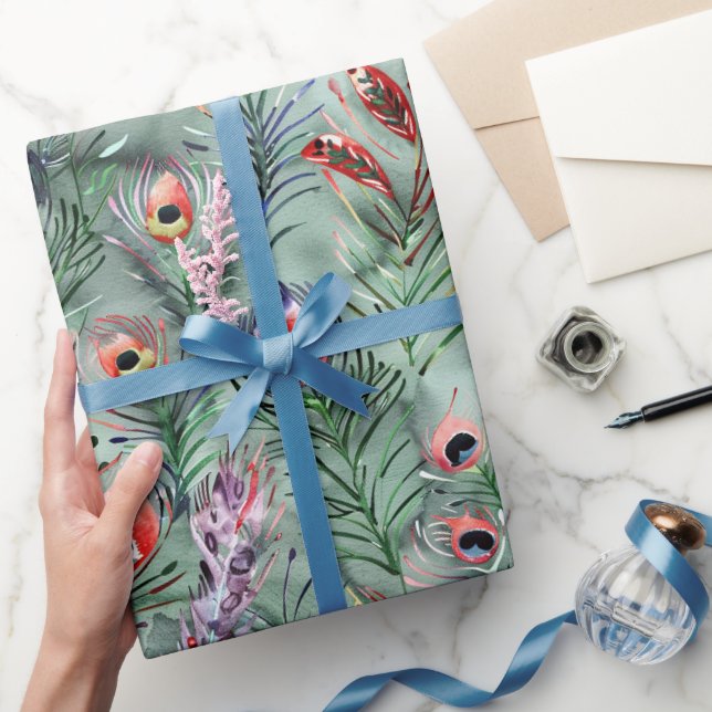 Papier Cadeau Plumes de paon vert rouge (Cadeaux)