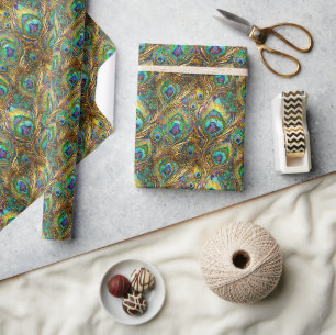 Papier Cadeau Plumes de paon vibrantes sur fond doré