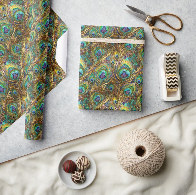 Papier Cadeau Plumes de paon vibrantes sur fond doré (Artisanat)