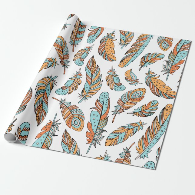 Papier Cadeau Plumes décoratives motif sans soudure. Main dessin (Déroulé)