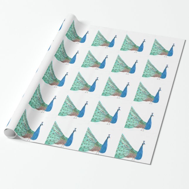 Papier Cadeau Plumes d'oiseau de paon bleu Aquarelle verte (Déroulé)
