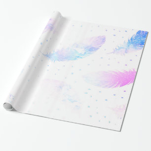 Papier Cadeau *~* Plumes magenta bleu Ombre sur blanc