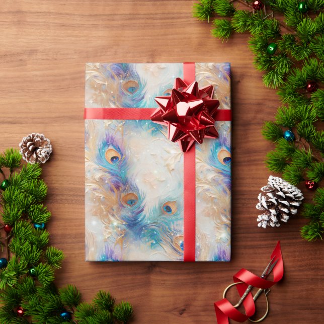 Papier Cadeau Plumes Peacock Or Aqua Blanc (Cadeau de vacances)