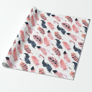 Papier Cadeau Plumes roses Boho
