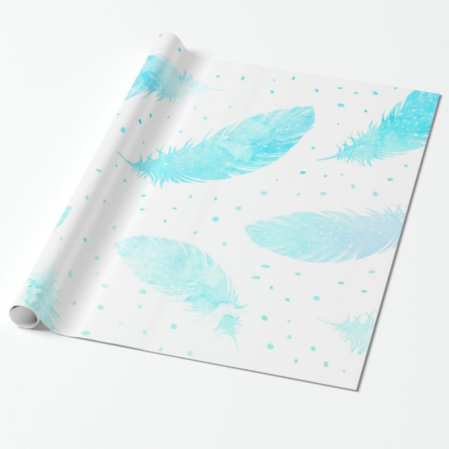 Papier Cadeau *~* Plumes turquoise Ombre points sur blanc (Déroulé)