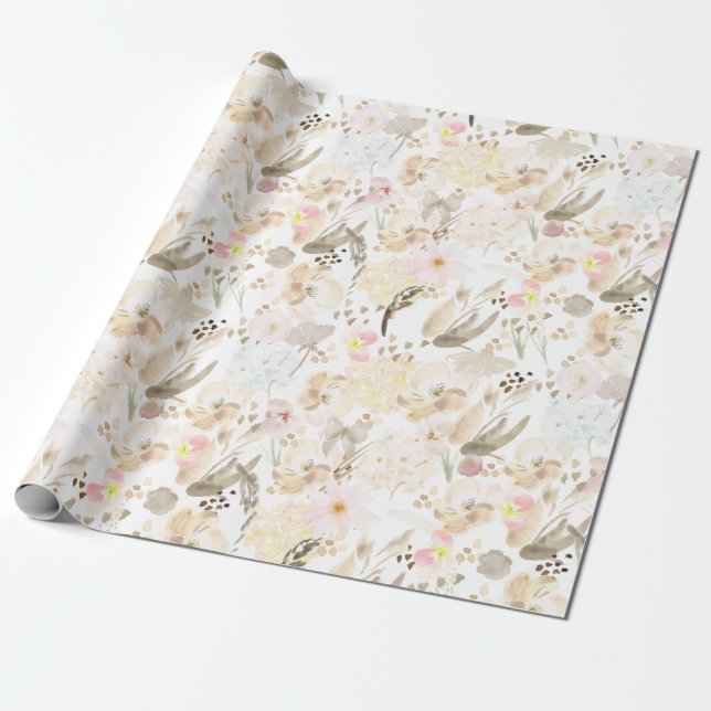 Papier Cadeau Plutôt Neutre Crème Rose Floral (Déroulé)