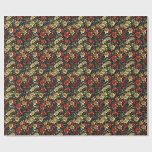 Papier Cadeau Poinsetia, fleurs rétro en rouge et vert