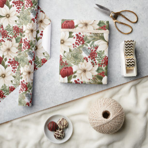 Papier Cadeau Poinsettia blanc, Noël floral rouge