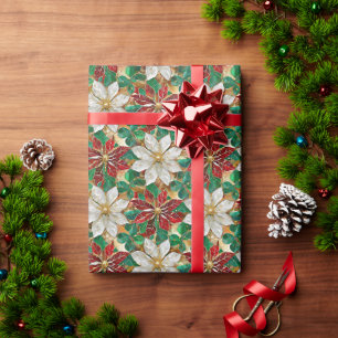 Papier Cadeau Poinsettia Blanc Rouge Vert Or