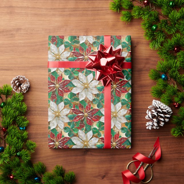 Papier Cadeau Poinsettia Blanc Rouge Vert Or (Cadeau de vacances)