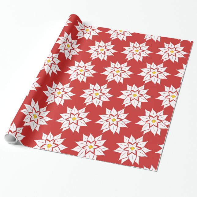 Papier Cadeau Poinsettia blanche sur rouge (Déroulé)