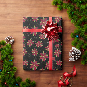 Papier Cadeau Poinsettia Classique avec Spritz Doré sur fond noi