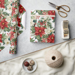 Papier Cadeau Poinsettia de Noël – Conception florale des Fêtes