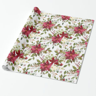Papier Cadeau Poinsettia de Noël Rouge Élégant Floral de Fêtes