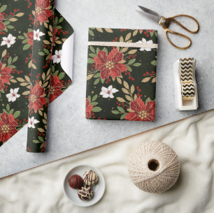 Papier Cadeau Poinsettia d'hiver élégant sur fond sombre