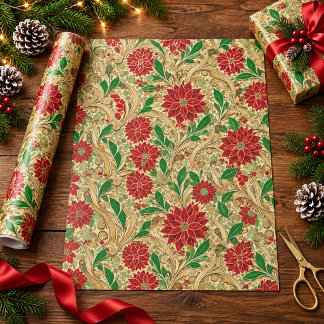 Papier Cadeau Poinsettia Floral Rouge Noël Victorien Vintage 