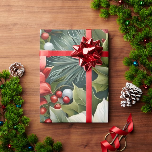 Papier Cadeau Poinsettia & Holly Berries (Cadeau de vacances)