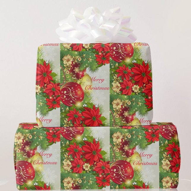 Papier Cadeau Poinsettia Joyeux Noël Rouge Vert cadeau (Créateur téléchargé)