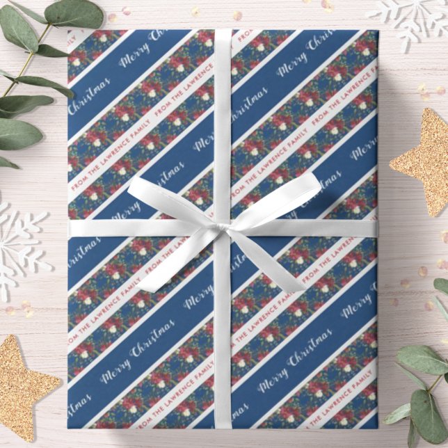 Papier Cadeau Poinsettia Marine Bleu Personnalisé Joyeux Noël (Créateur téléchargé)